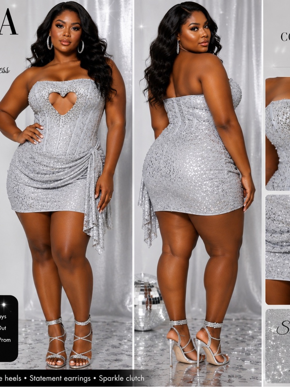 AKIRA Silver Sequin Heart-Cutout Strapless Mini Dress